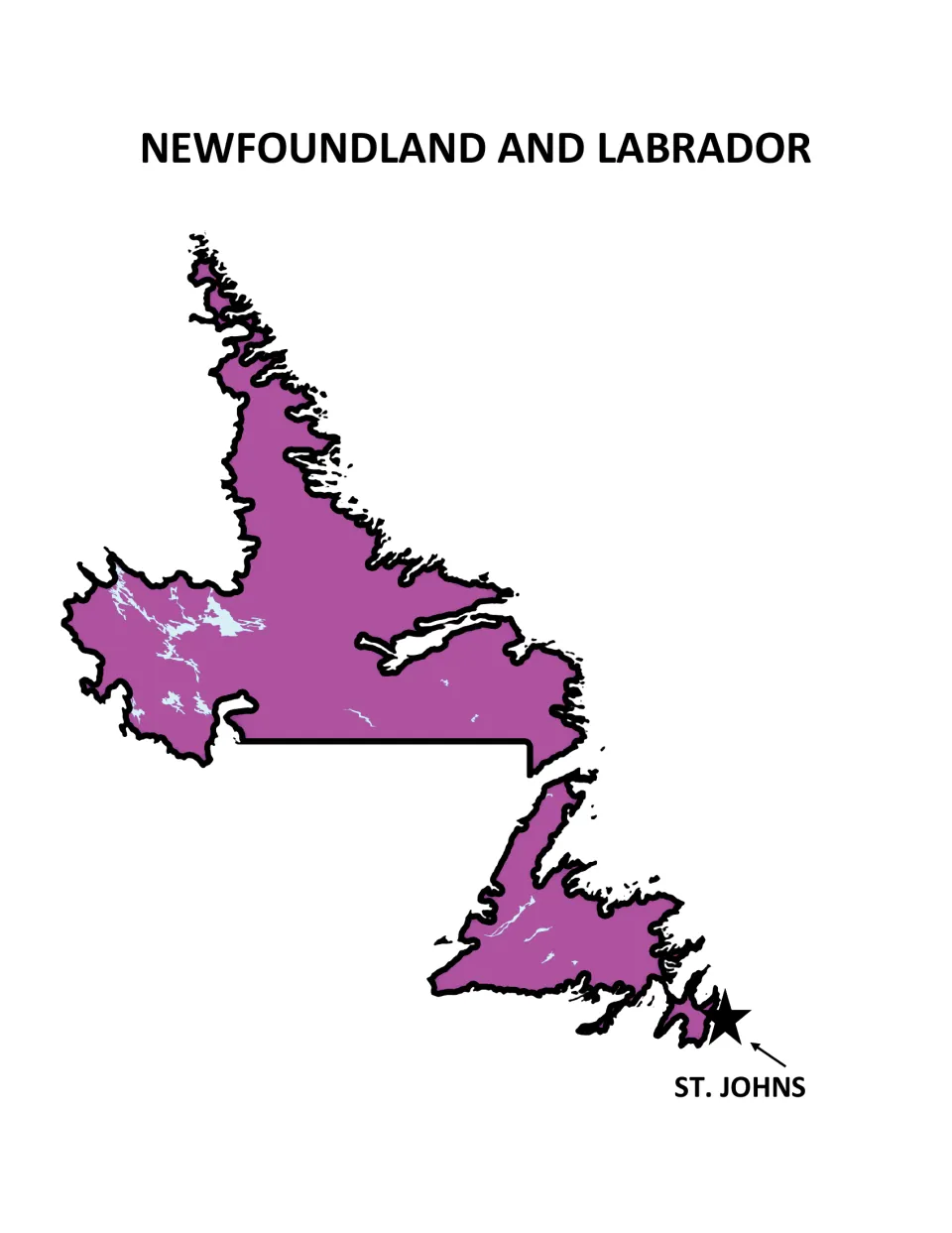 Newfoundland and Labrador poster: purple map of the mainland and island, an arrow pointing to the capital, St. John's