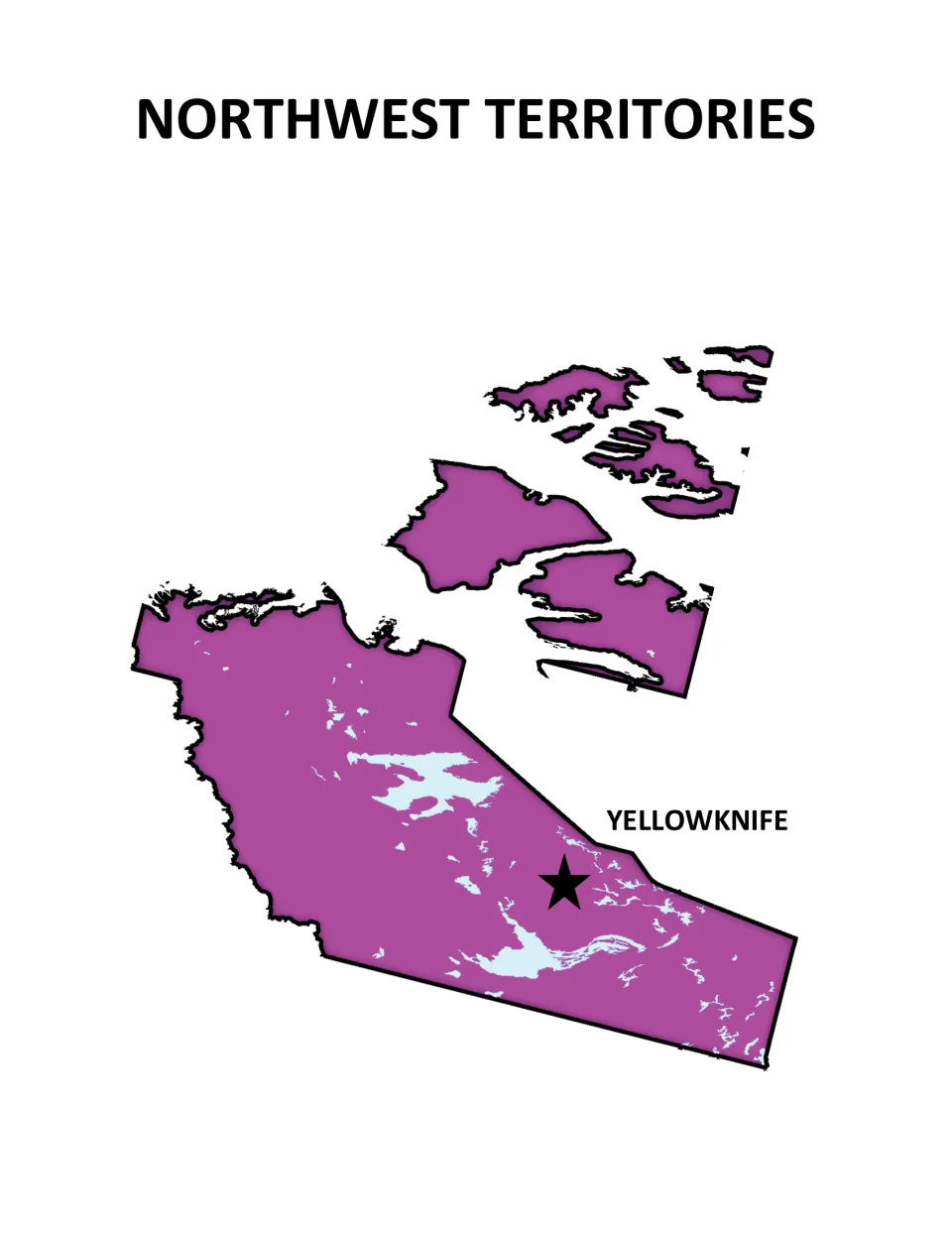 Northwest Territories poster: purple map with large lakes and Arctic islands, a star marking the capital, Yellowknife