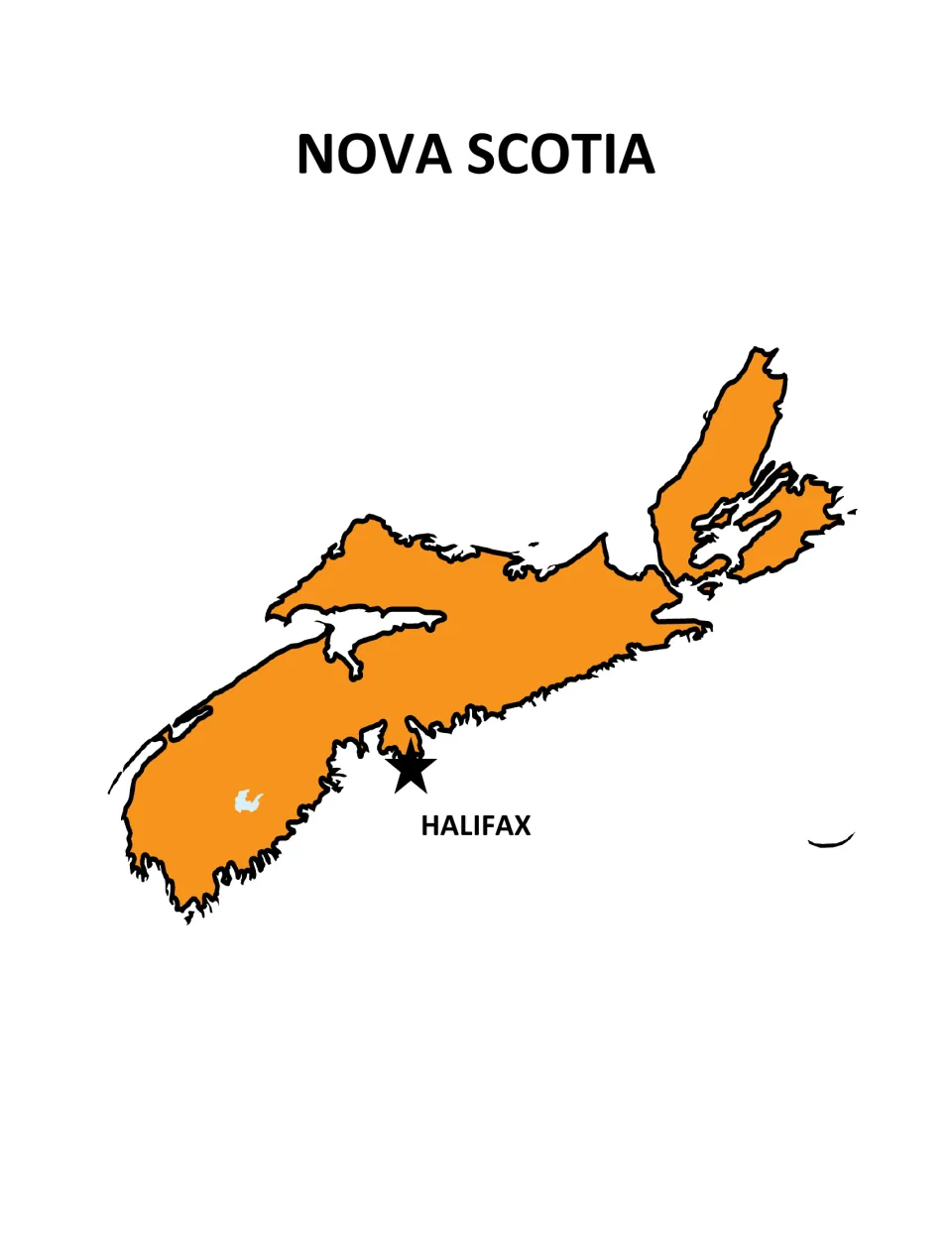 Nova Scotia poster: orange map of the peninsula and Cape Breton Island, a star marking the capital, Halifax, on the coast