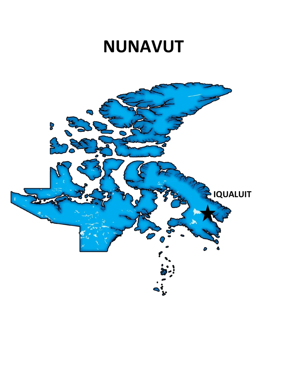 Nunavut poster: blue map of the territory's mainland and many Arctic islands, a star marking the capital, Iqaluit