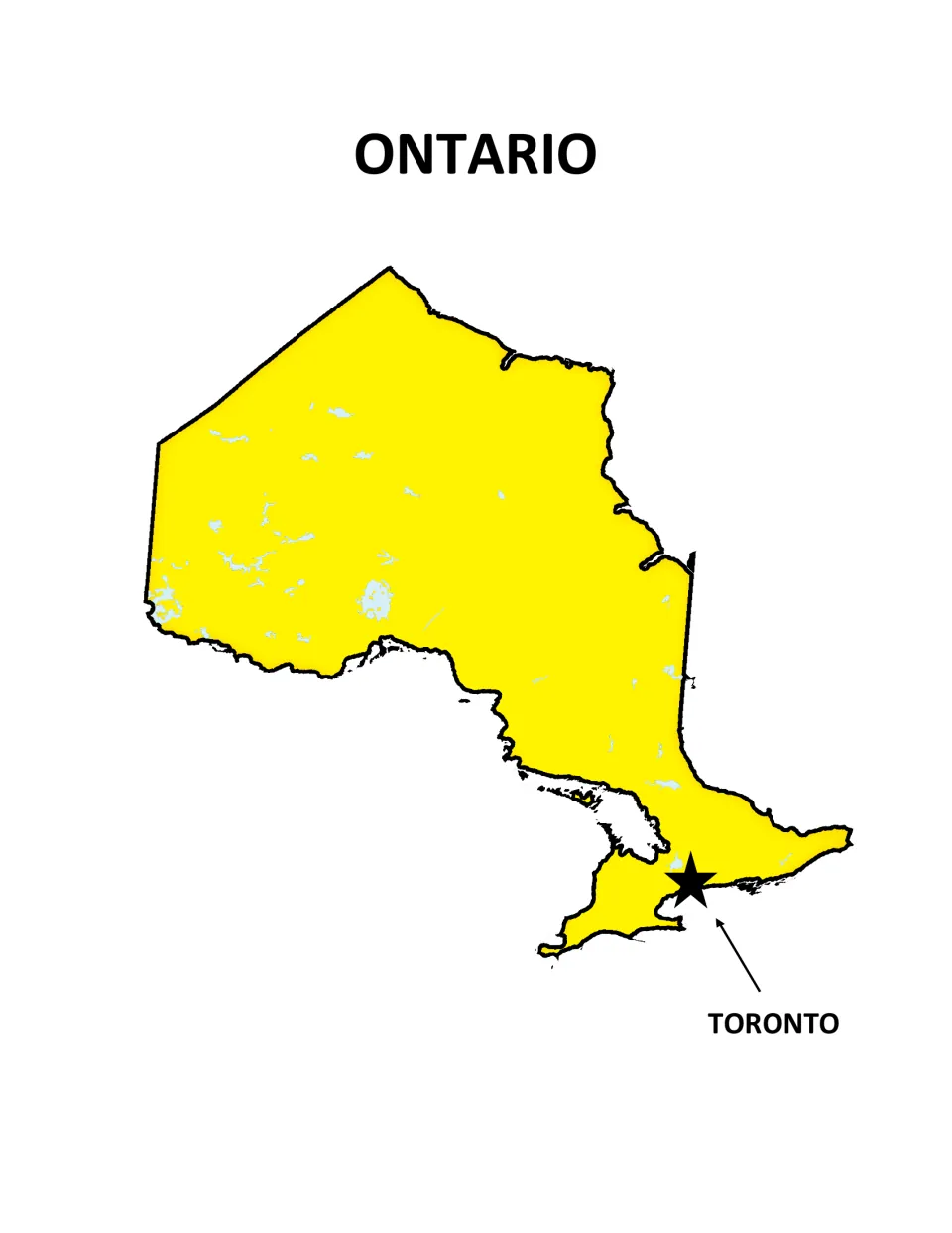 Ontario poster: yellow map of the province with an arrow pointing to a star in the south marking the capital, Toronto