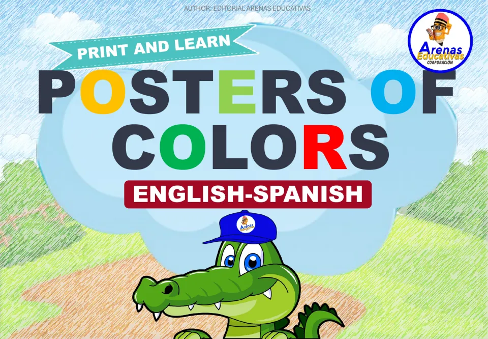 Cover: Print and Learn Posters of Colors, English-Spanish, with a cartoon crocodile in a blue cap below the heading