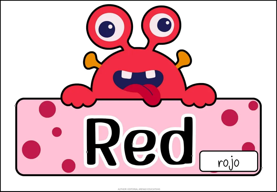 Red color poster: a red monster peeks over a sign with the English word Red and the Spanish word rojo, for vocabulary