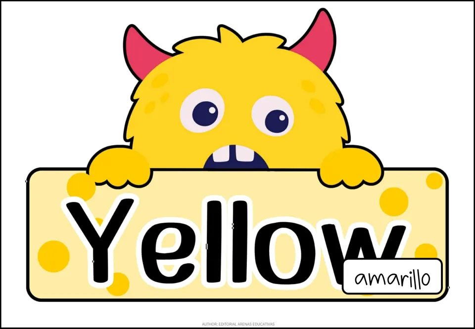 Yellow color poster: a furry yellow monster with pink horns holds a sign reading Yellow, labeled amarillo in Spanish