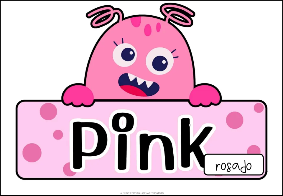 Pink color poster: a pink monster with curly antennae holds a sign showing the word Pink and its Spanish match, rosado