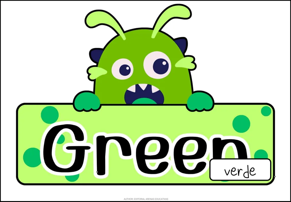 Green color poster: a green antennaed monster holds a sign with the English word Green and the Spanish word verde