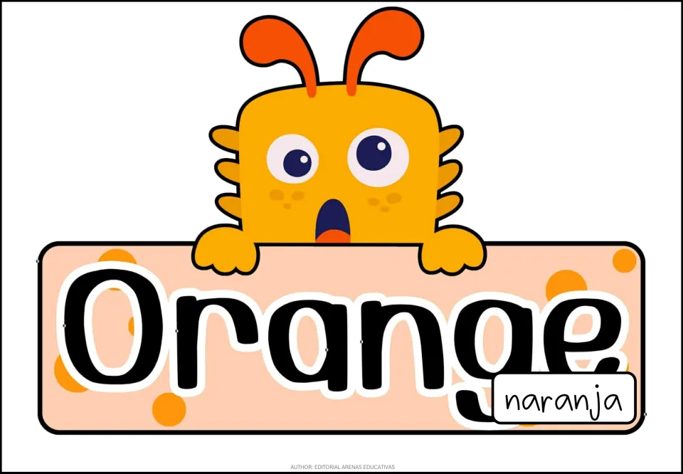 Orange color poster: a square orange monster with antennae holds a sign reading Orange, with naranja in Spanish