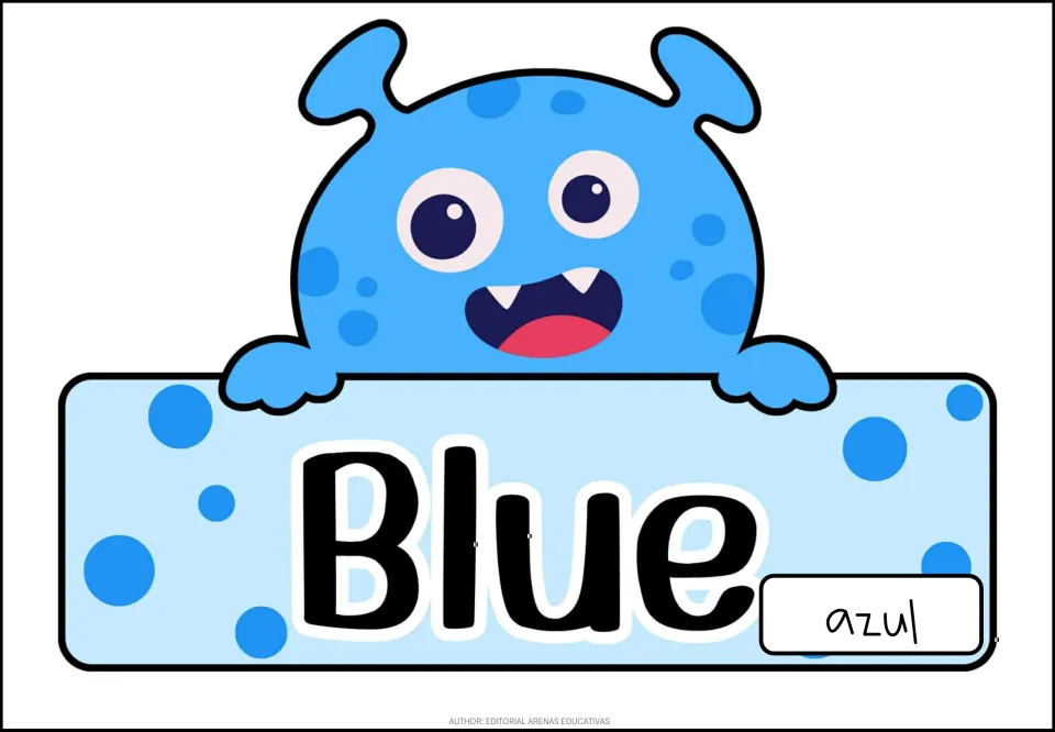 Blue color poster: a spotted blue monster holds a sign naming the color Blue, with the Spanish translation azul beside it