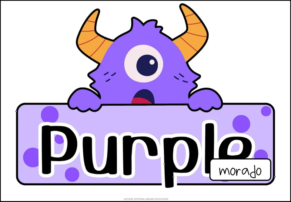Purple color poster: a one-eyed purple monster with orange horns holds a sign reading Purple, labeled morado in Spanish