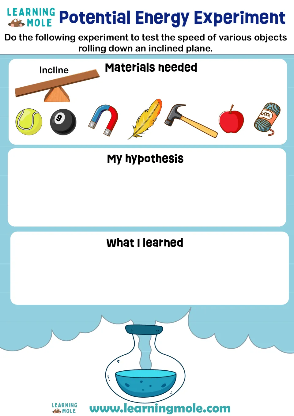 Potential energy on an incline: students test how fast a ball, magnet, feather and apple roll, then write a hypothesis
