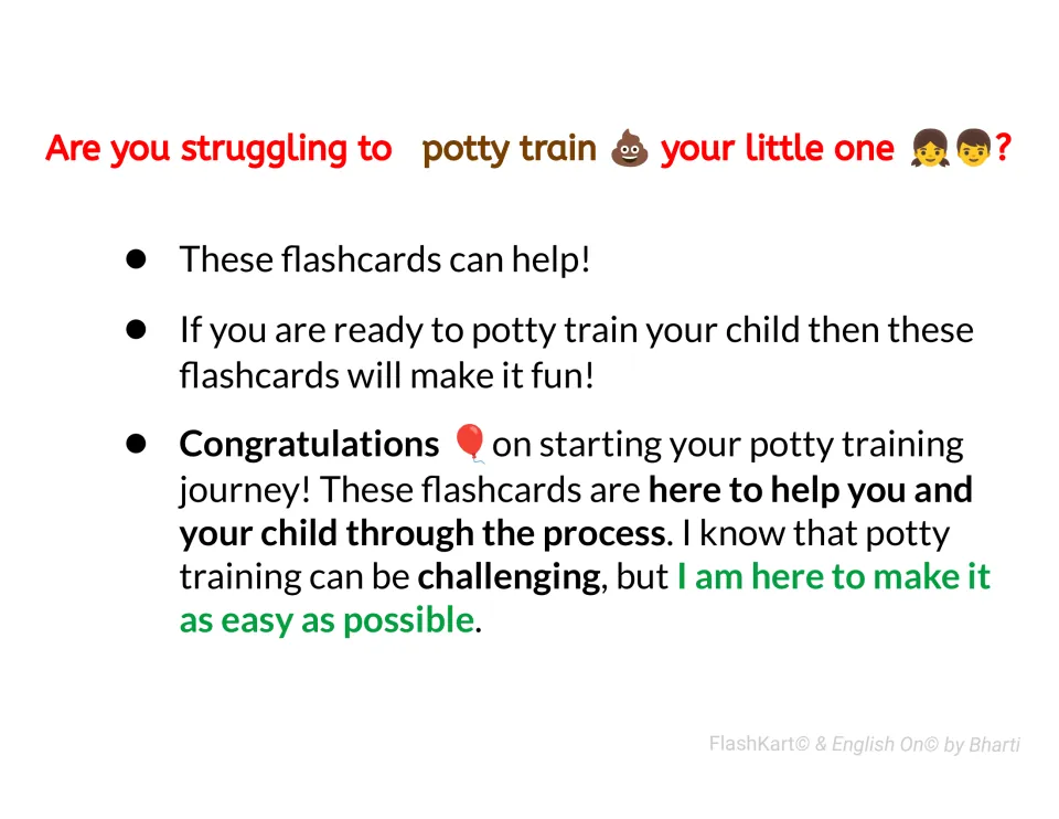 Potty training intro note for parents: asks if they are struggling and welcomes them to the flashcards and the process