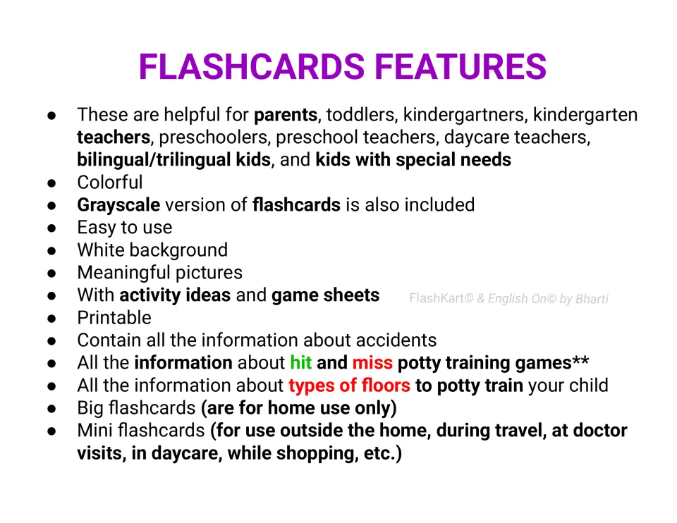 Flashcard features list: grayscale version, activity ideas, game sheets, accident and floor-type tips, big and mini cards