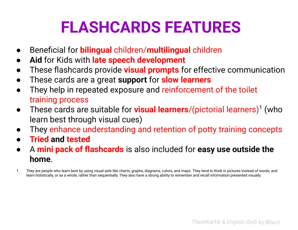 Flashcard features list on use with bilingual children, late talkers and visual learners, plus a mini pack for outings