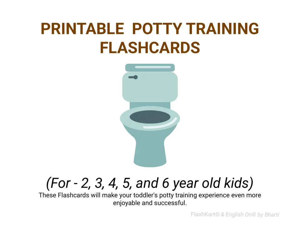 Printable potty training flashcards section title with a toilet illustration, marked for 2, 3, 4, 5 and 6 year old kids