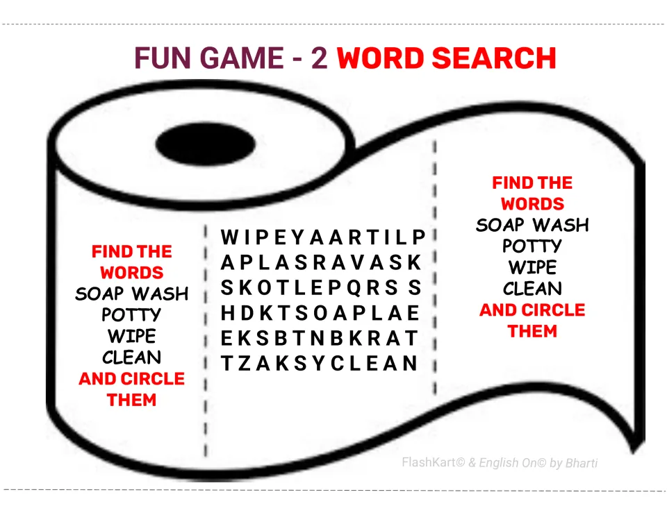 Fun Game 2 word search on a toilet roll: children find and circle soap, wash, potty, wipe and clean among the letters