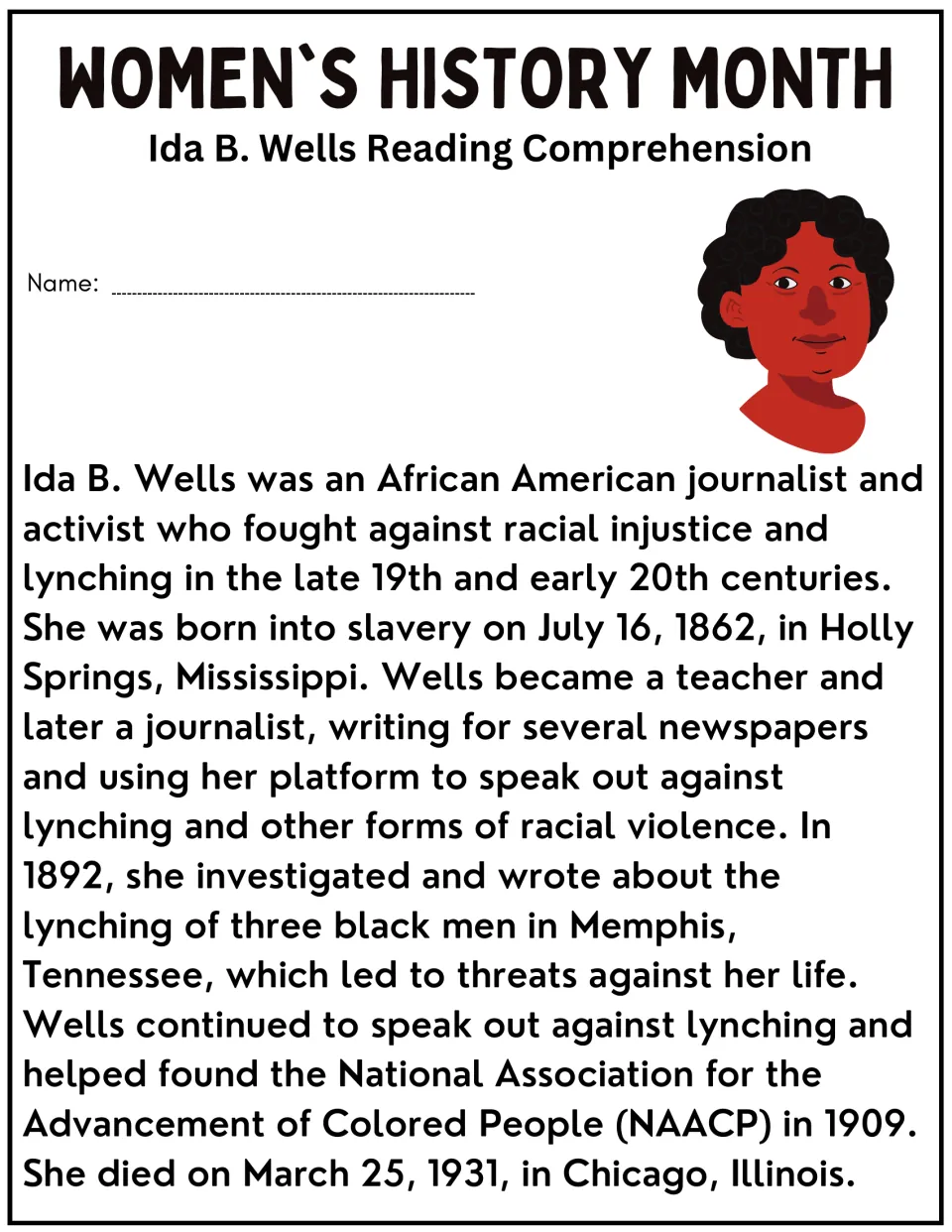 Reading passage on Ida B. Wells's life, journalism, anti-lynching activism, and role in founding the NAACP.