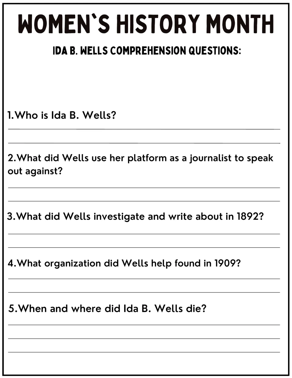 Five comprehension questions about Ida B. Wells's journalism, 1892 investigation, NAACP role, and death.