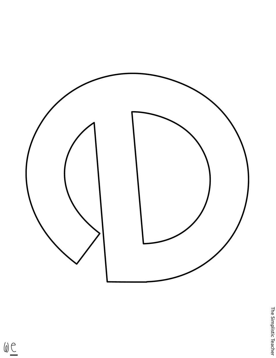Cut-out piece: large outline of the letter e that finishes the word we, printed sideways on the page