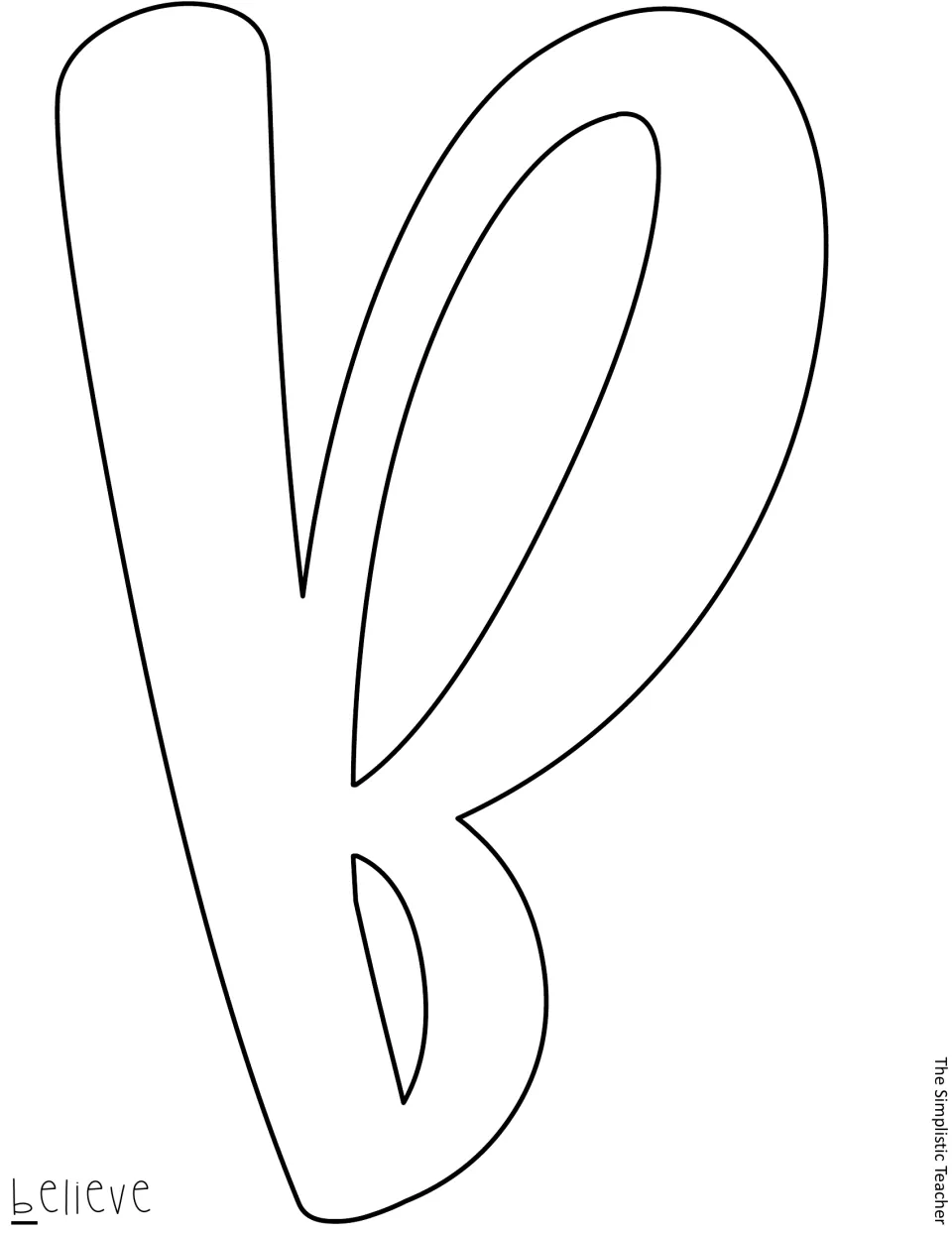 Cut-out piece: outline of a script letter b, the first letter of believe, filling the page for cutting