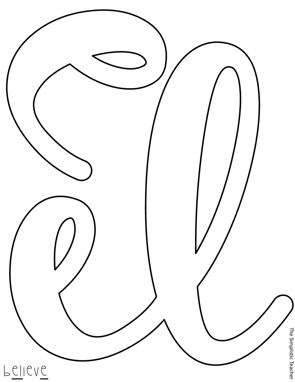 Cut-out piece: joined script letters e and l outlined for the word believe, printed sideways on the page