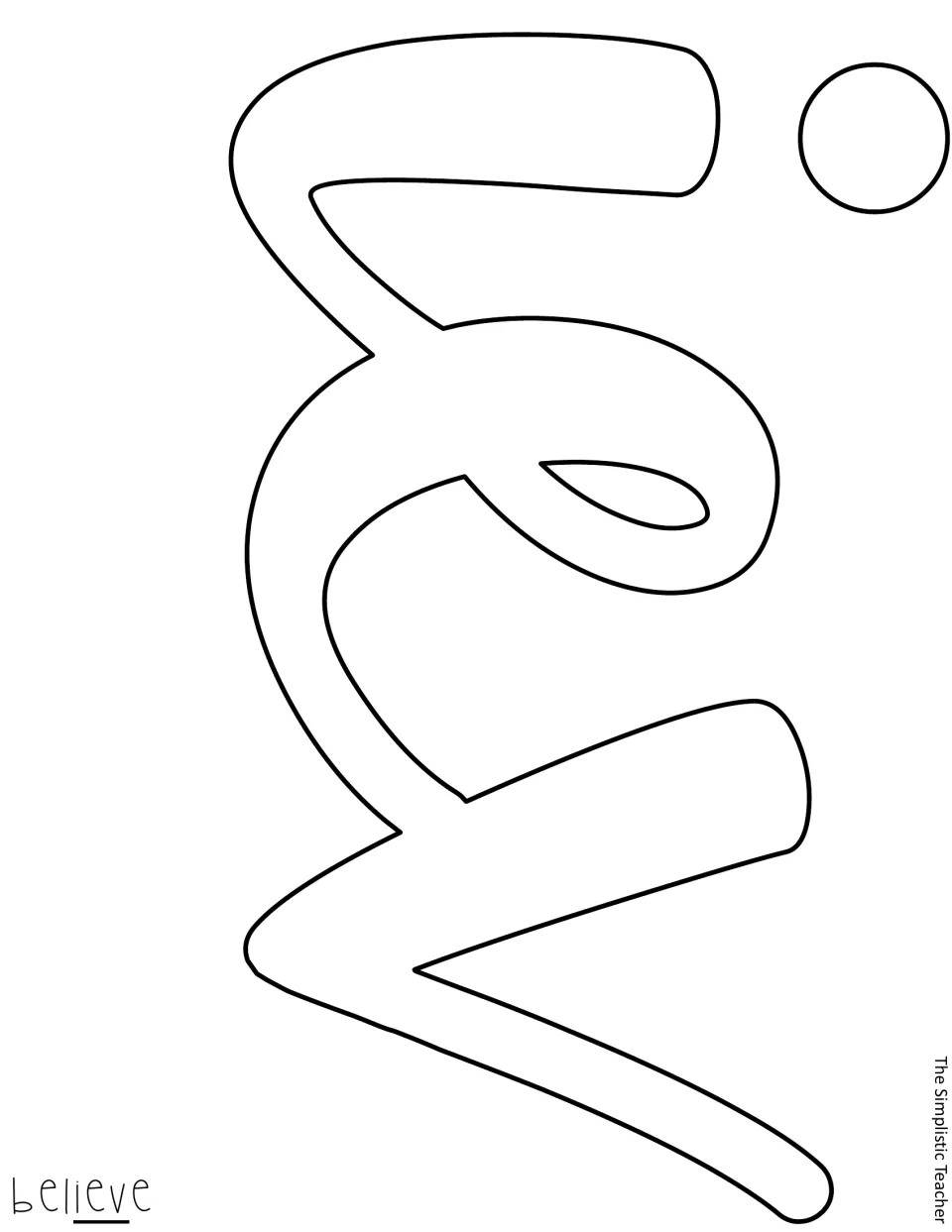 Cut-out piece: joined script letters i, e and v with a separate i dot for the word believe, printed sideways