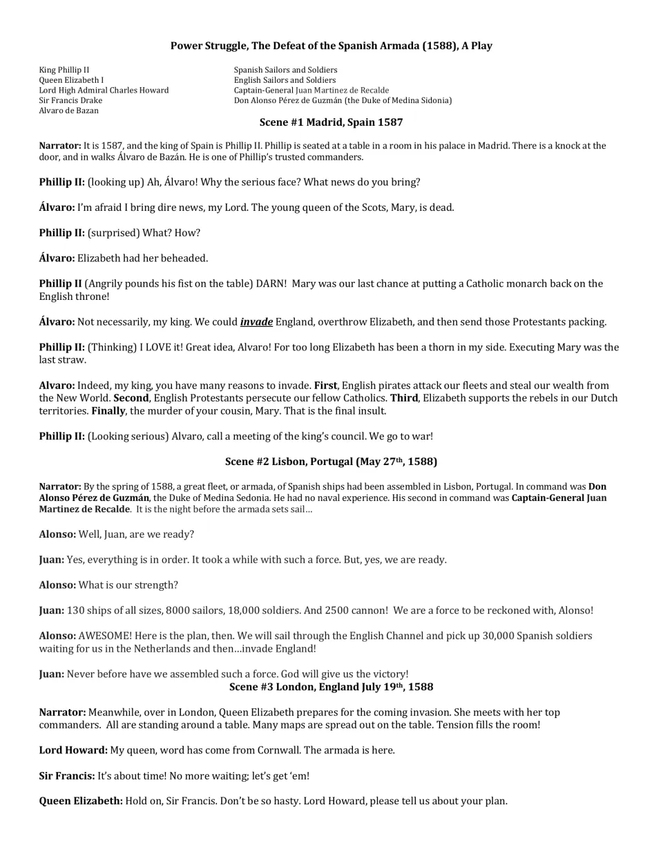 Opening skit page: cast list, Spain's invasion plans, and the start of England's response in scenes 1–3.