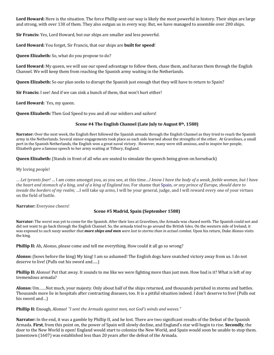 Concluding skit page: England's naval strategy, Elizabeth's speech, and Spain's defeat in scenes 3–5.