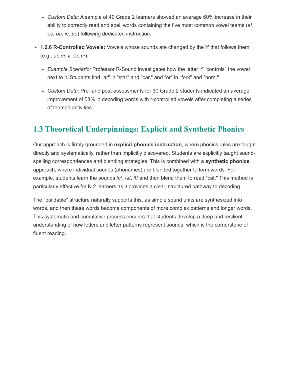 R-controlled vowels (ar, er, ir, or, ur) with a Professor R-Sound scenario, then notes on explicit and synthetic phonics
