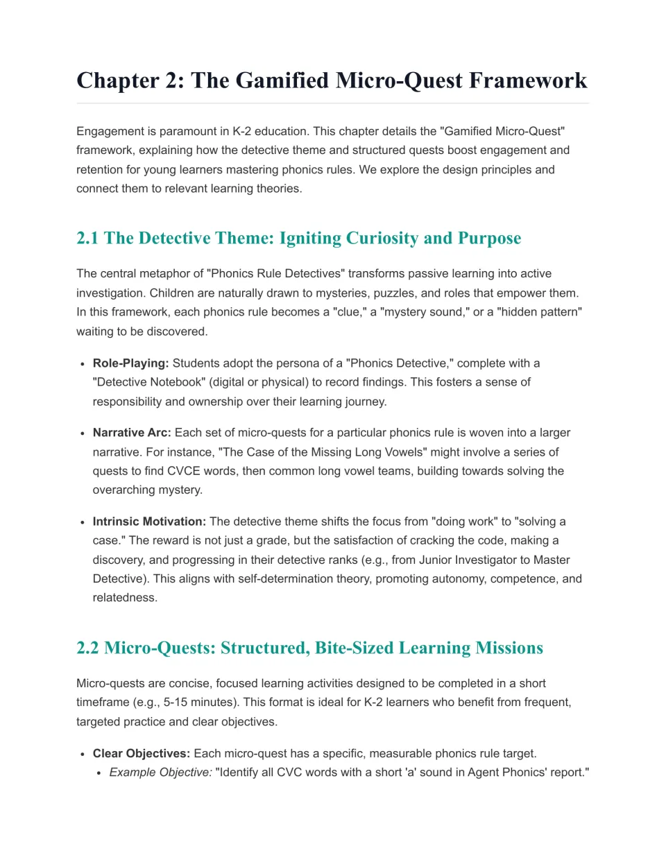 Chapter 2, gamified micro-quest framework: the detective theme, role-play notebooks, narrative arcs and 5-15 minute quests