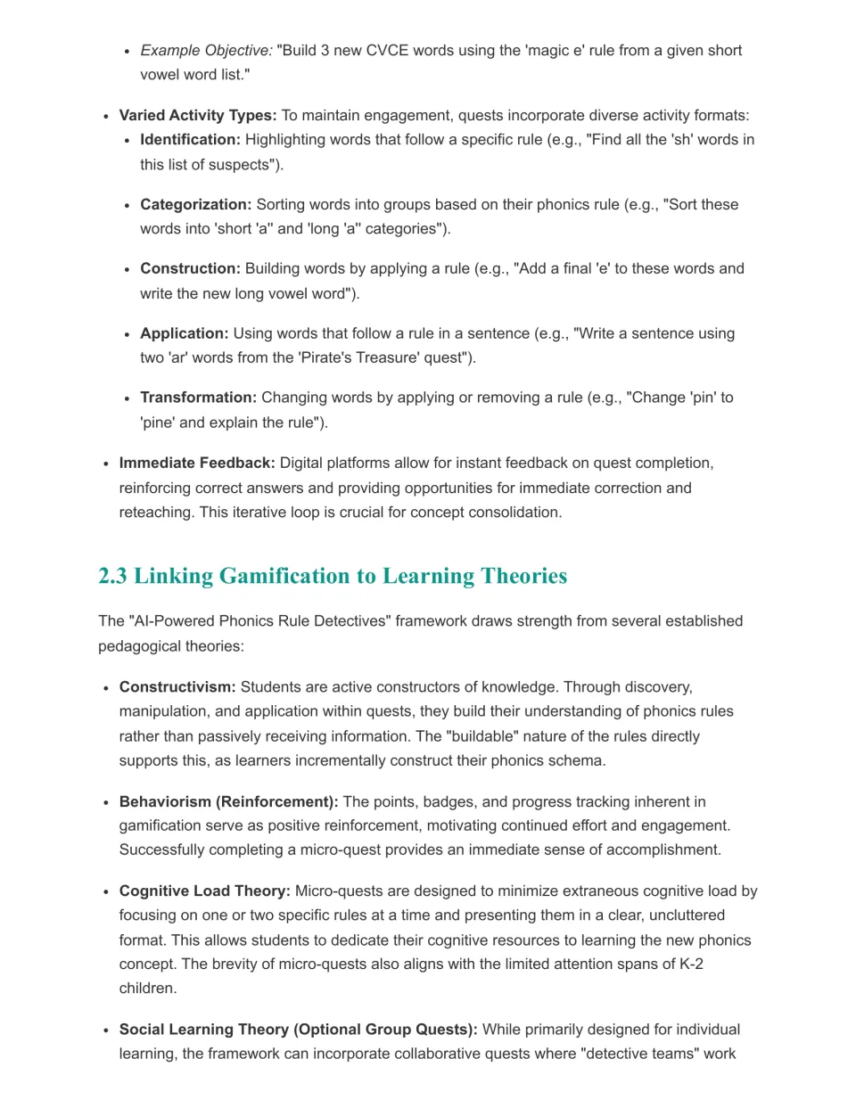 Micro-quest activity types: identifying, sorting, building, using and transforming words by rule, then learning theories