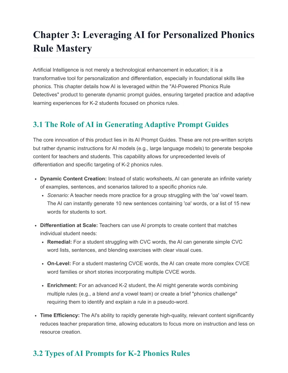 Chapter 3, AI prompt guides for phonics: generating remedial, on-level and enrichment practice for rules like CVC and 'oa'