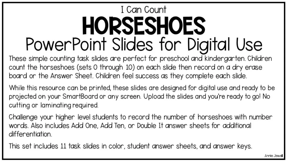 Teacher directions for 11 horseshoe counting slides covering sets of 0–10, answer sheets, and answer keys