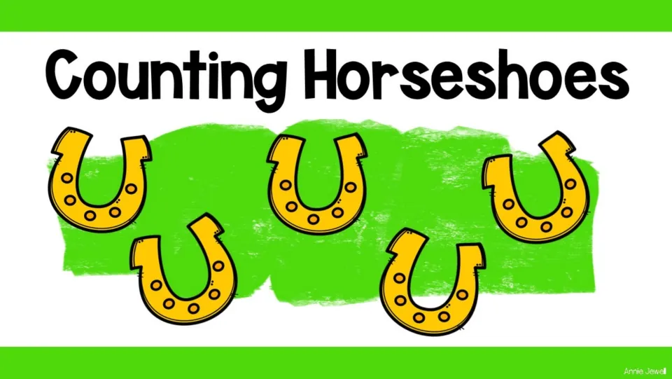 Opening slide for the counting tasks, titled “Counting Horseshoes,” showing a set of five horseshoes