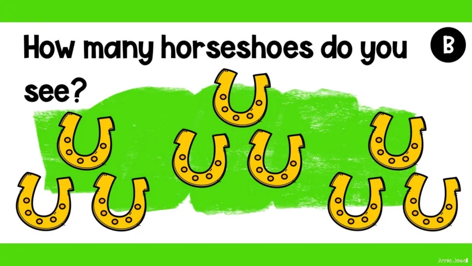 Counting task slide B asks “How many horseshoes do you see?” and shows nine horseshoes for students to count