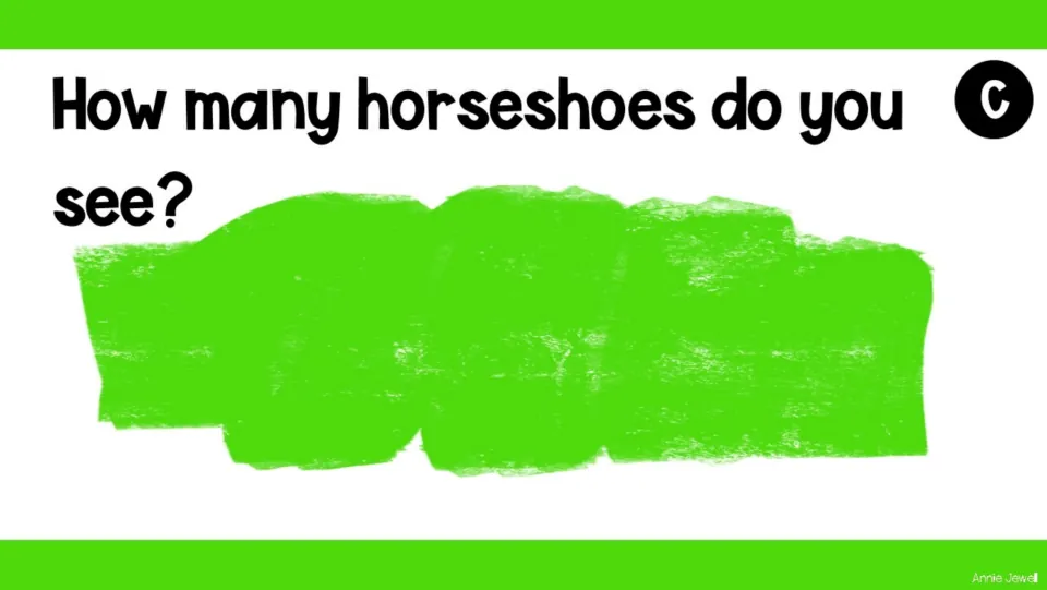 Counting task slide C asks “How many horseshoes do you see?” and shows no horseshoes, representing zero