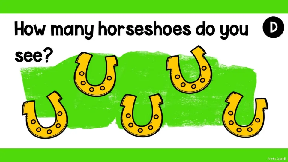 Counting task slide D asks “How many horseshoes do you see?” and shows five horseshoes for students to count