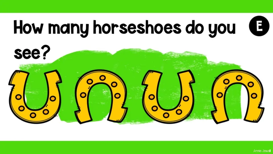 Counting task slide E asks “How many horseshoes do you see?” and shows four horseshoes for students to count