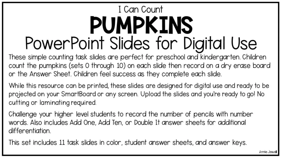 Teacher directions for counting pumpkin sets from 0 through 10 and recording answers on a board or answer sheet