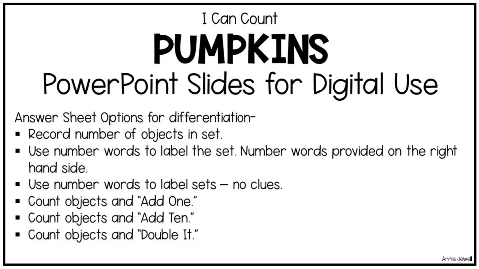 Answer sheet options for pumpkin counting: numerals, number words with or without clues, Add One, Add Ten, Double It