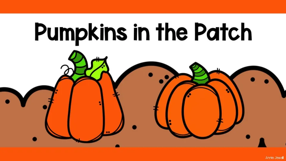 Introductory slide for the pumpkin-counting tasks, headed 'Pumpkins in the Patch' and showing two pumpkins