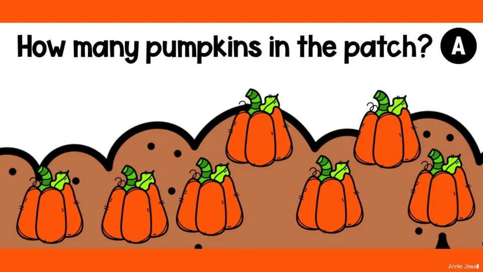Pumpkin-counting task slide A asks 'How many pumpkins in the patch?' and shows seven pumpkins to count
