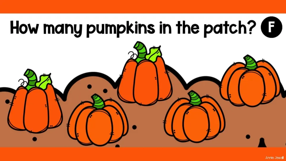 Pumpkin-counting task slide F asks 'How many pumpkins in the patch?' and shows five pumpkins to count