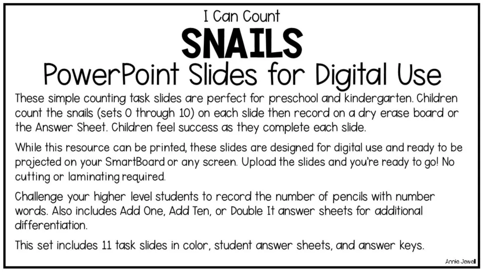 Teacher directions for 11 snail counting slides covering sets 0–10, with answer sheets and answer keys