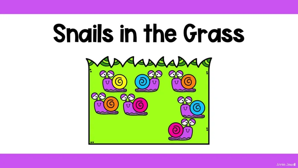 Introductory counting slide titled 'Snails in the Grass' shows a group of seven snails before the tasks