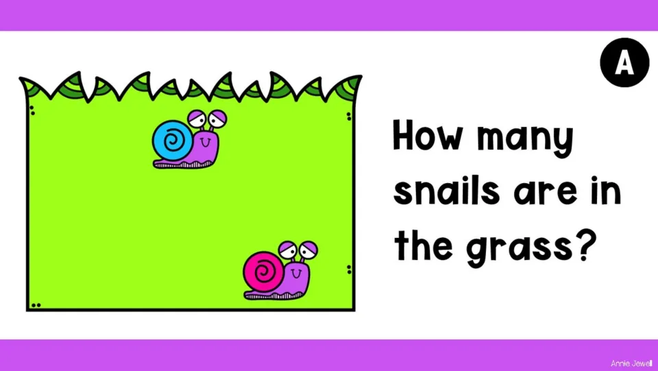 Counting task slide A shows two snails in the grass and asks students, 'How many snails are in the grass?'