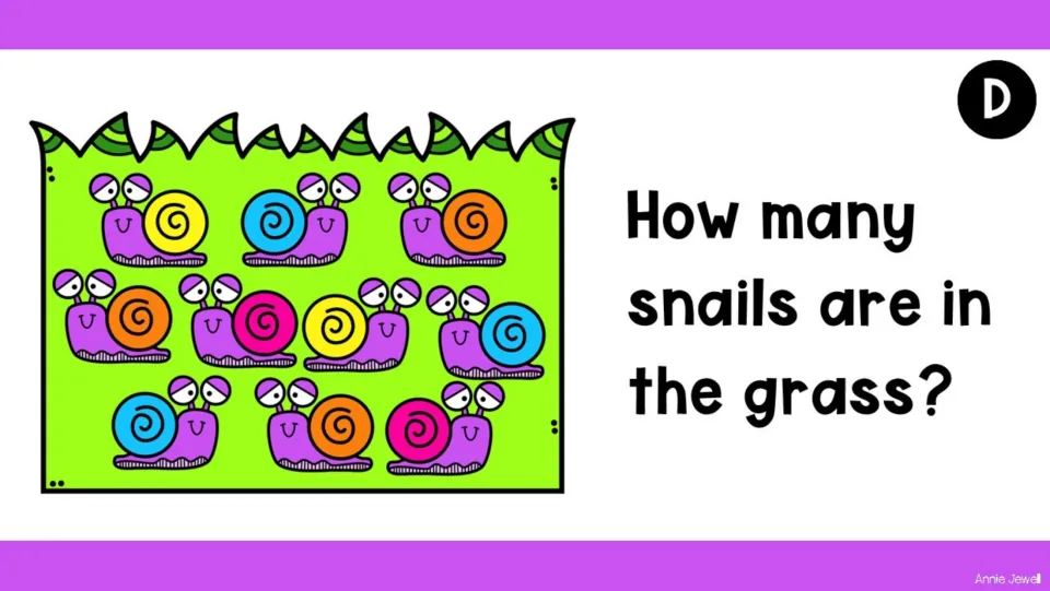 Counting task slide D shows ten snails in the grass and asks students, 'How many snails are in the grass?'