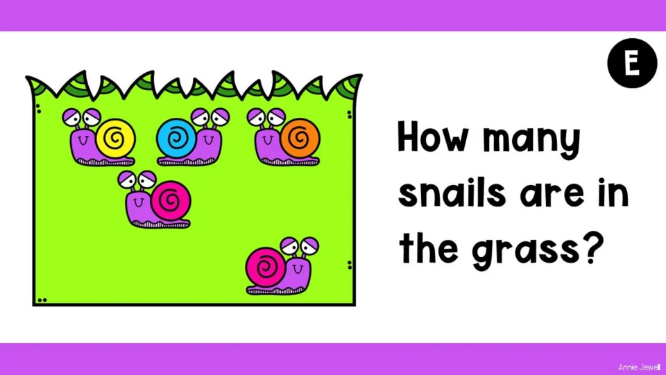 Counting task slide E shows five snails in the grass and asks students, 'How many snails are in the grass?'