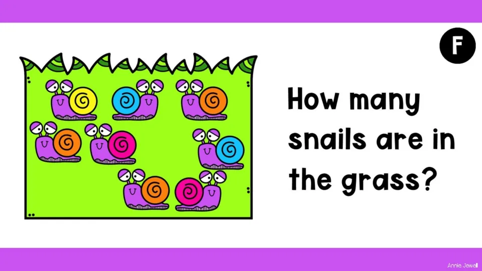 Counting task slide F shows eight snails in the grass and asks students, 'How many snails are in the grass?'
