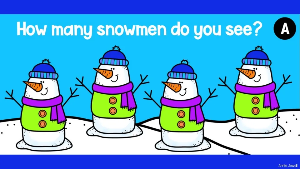 Counting task slide A asks 'How many snowmen do you see?' and shows four snowmen for students to count