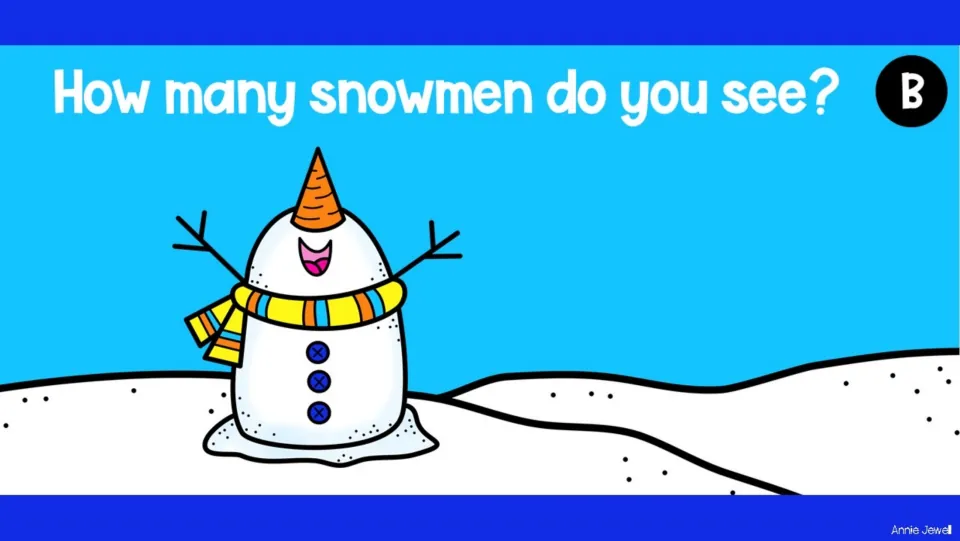 Counting task slide B asks 'How many snowmen do you see?' and shows one snowman for students to count